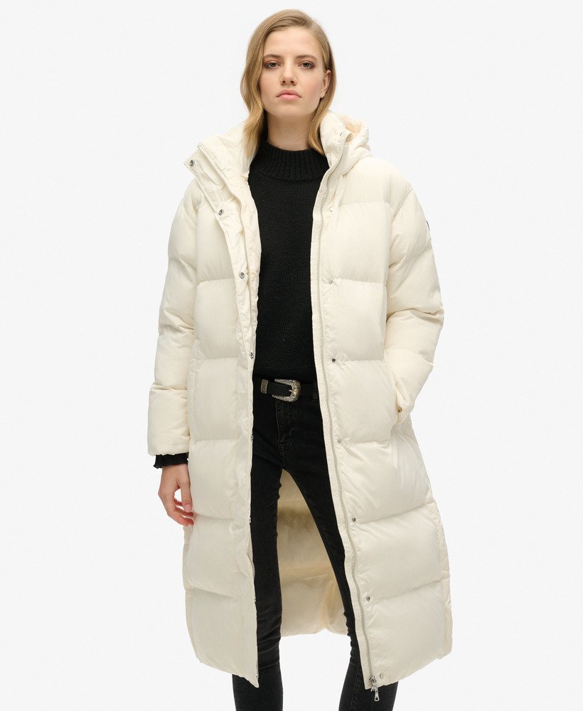 casaco puffer longo com capuz na cor off white