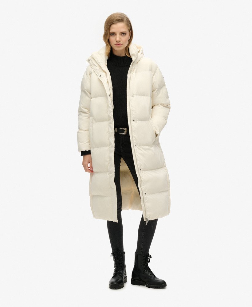 casaco puffer longo com capuz na cor off white
