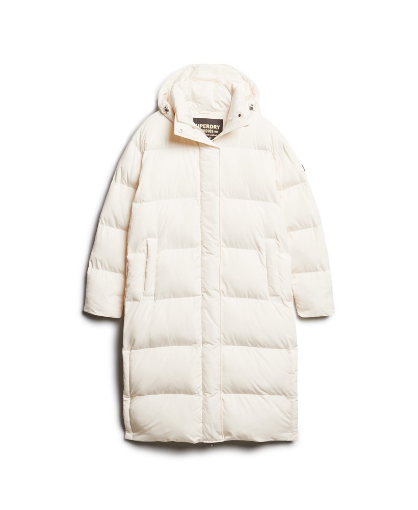 casaco puffer longo com capuz na cor off white