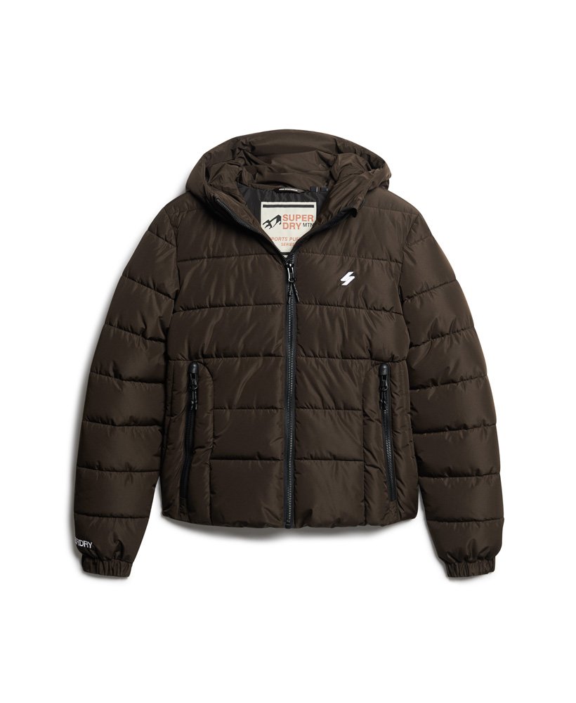jaqueta puffer spirit sports com capuz na cor marrom carvalho escuro.