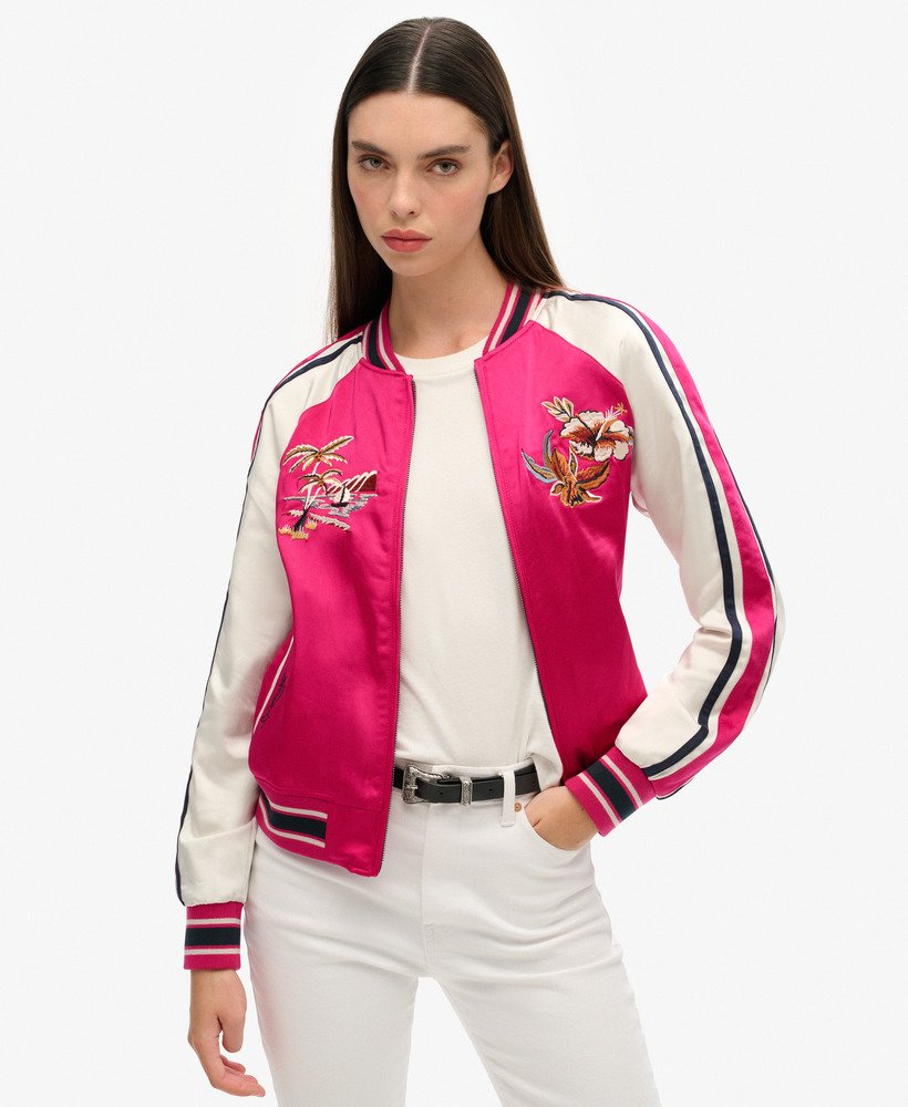 jaqueta bomber bordada suikajan em rosa vibrante