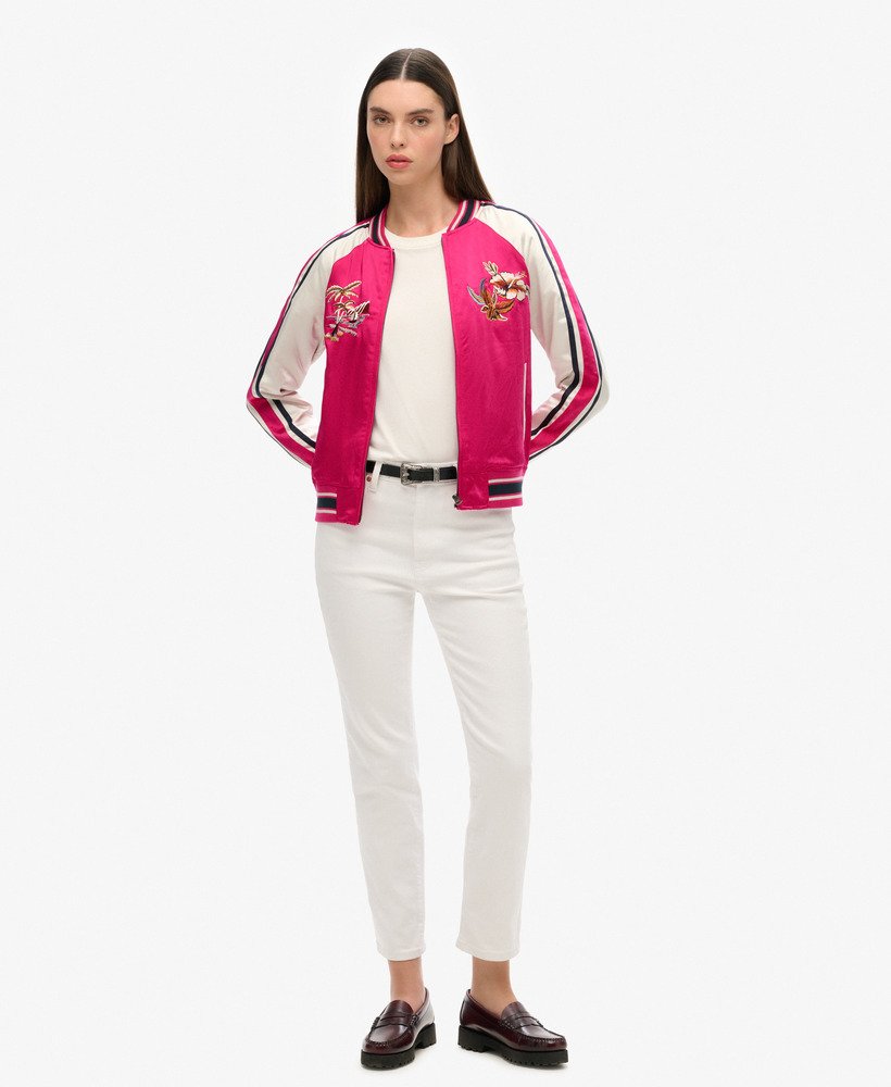 jaqueta bomber bordada suikajan em rosa vibrante