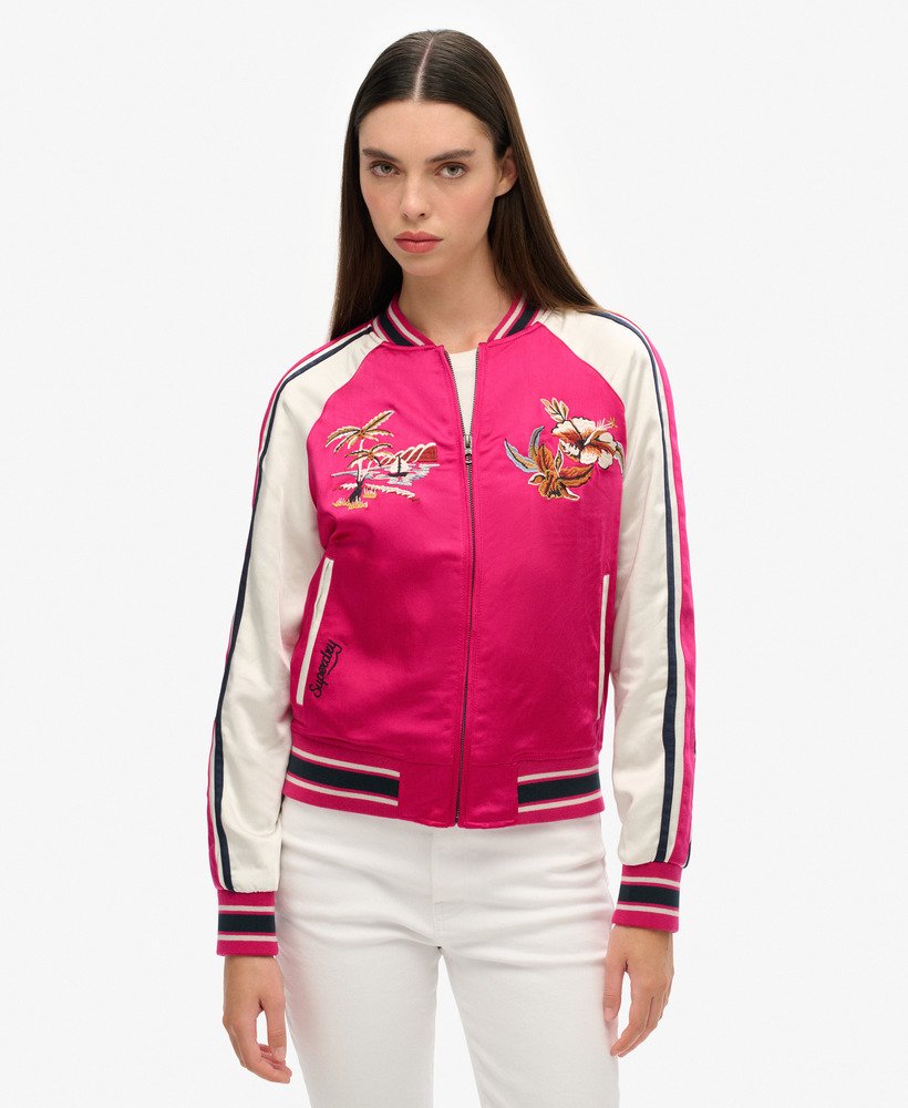 jaqueta bomber bordada suikajan em rosa vibrante