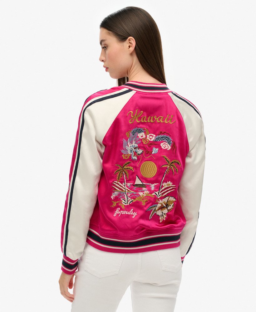 jaqueta bomber bordada suikajan em rosa vibrante