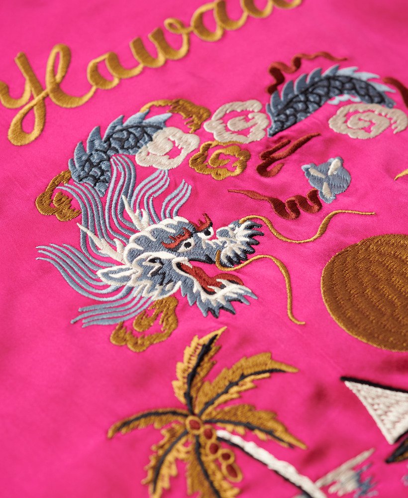 jaqueta bomber bordada suikajan em rosa vibrante