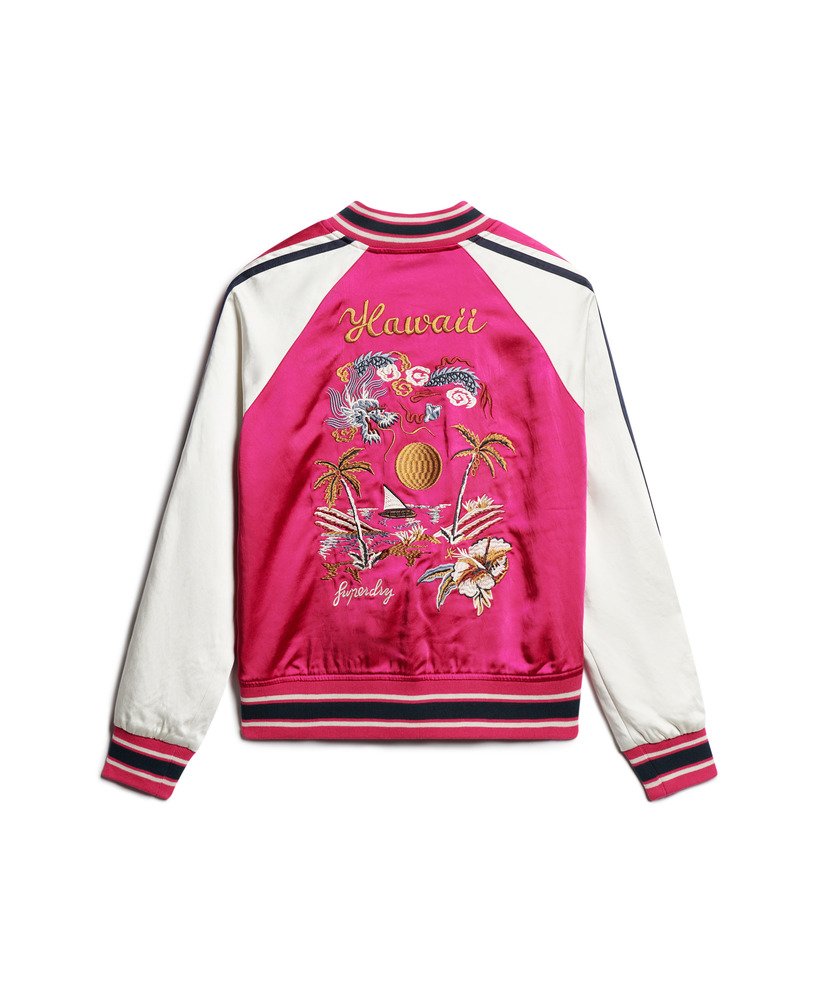 jaqueta bomber bordada suikajan em rosa vibrante
