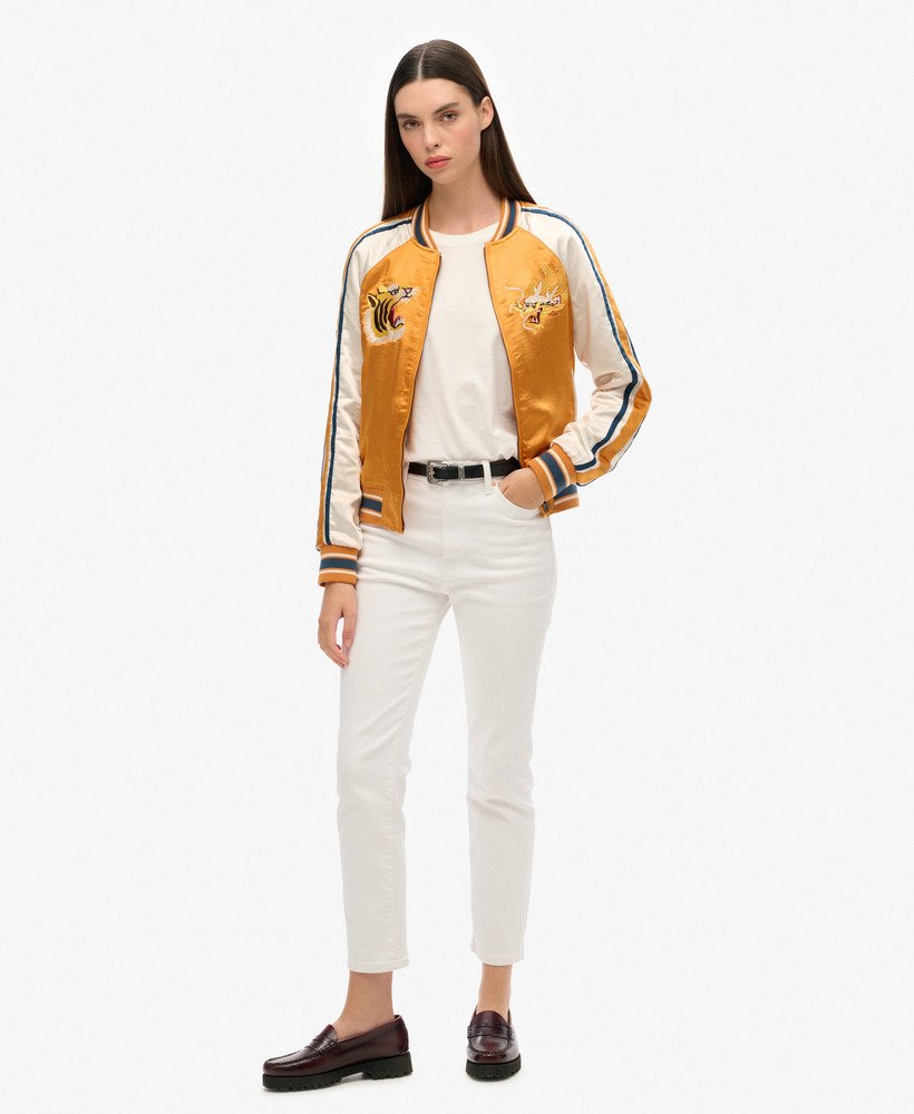 jaqueta bomber bordada suikajan em amarelo ocre dourado