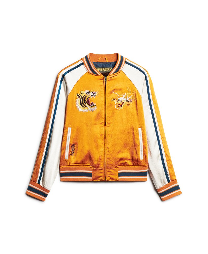 jaqueta bomber bordada suikajan em amarelo ocre dourado