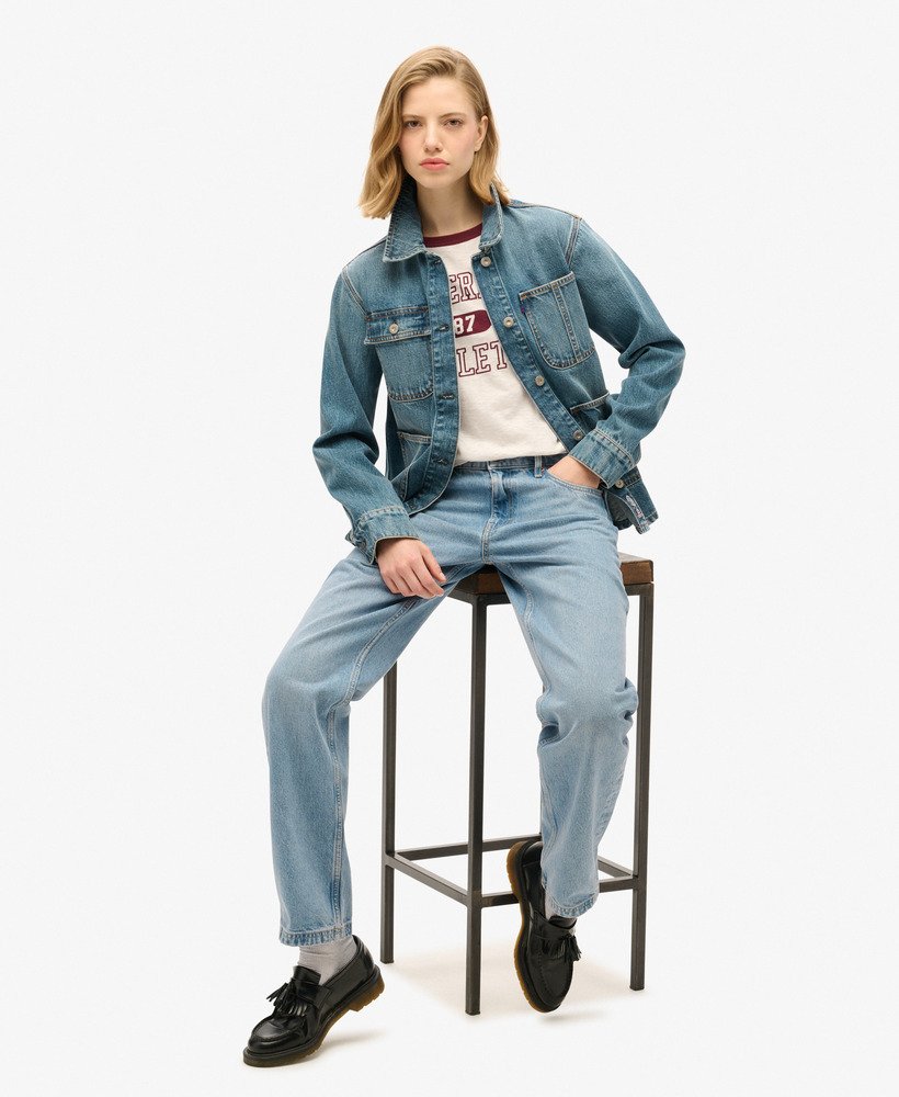 jaqueta utilitária em denim bordado na cor azul vintage fulton