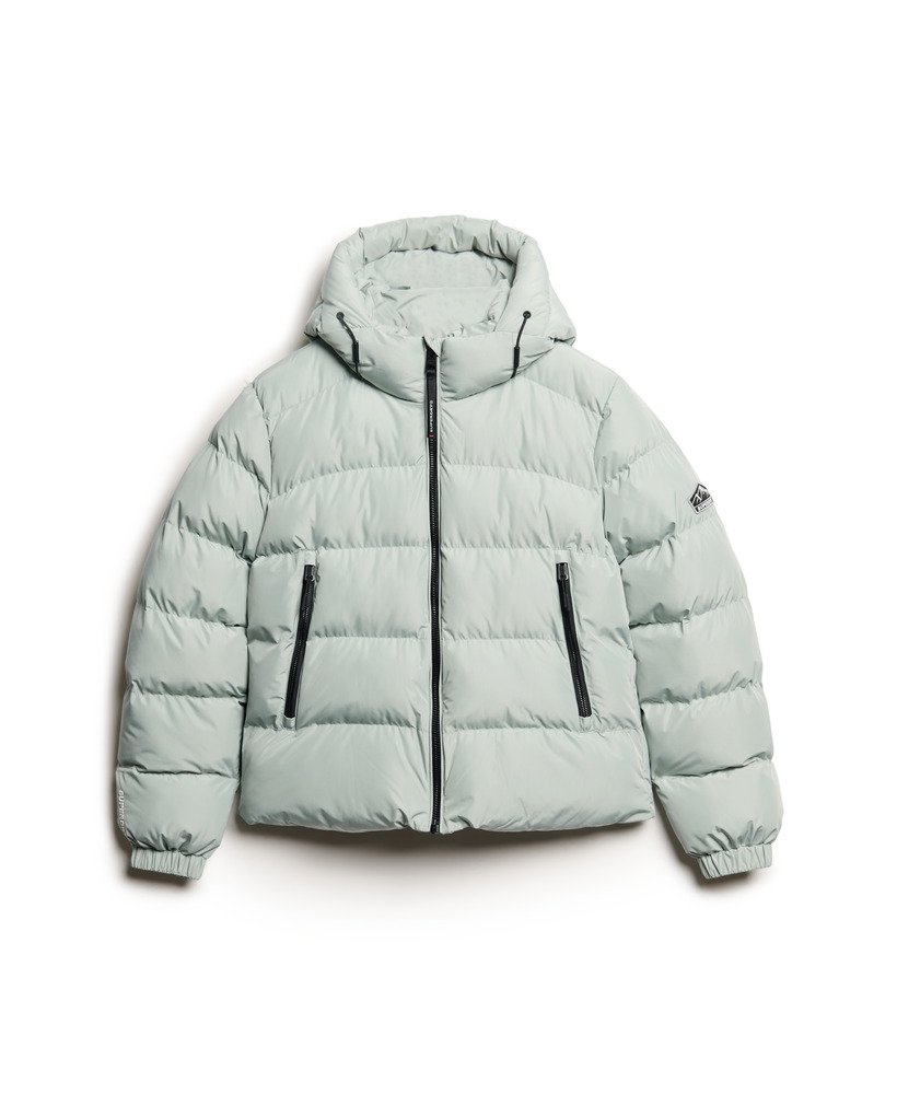 jaqueta esportiva puffer com capuz na cor cinza puritano.