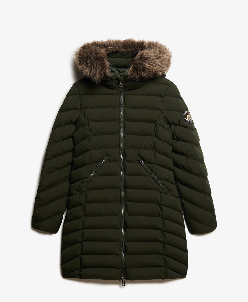 casaco puffer de comprimento médio com capuz de pele sintética fuji na cor verde oliva da surplus goods