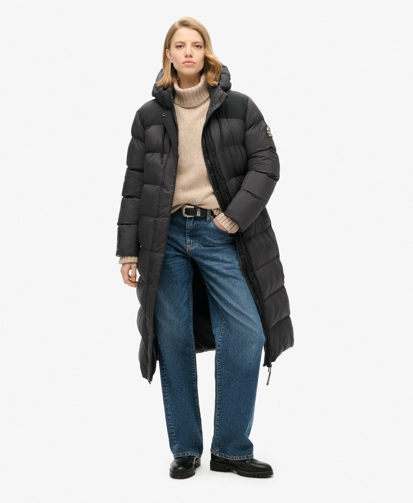 casaco puffer longo ripstop em xadrez preto