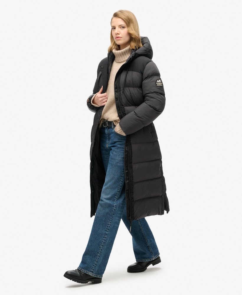 casaco puffer longo ripstop em xadrez preto