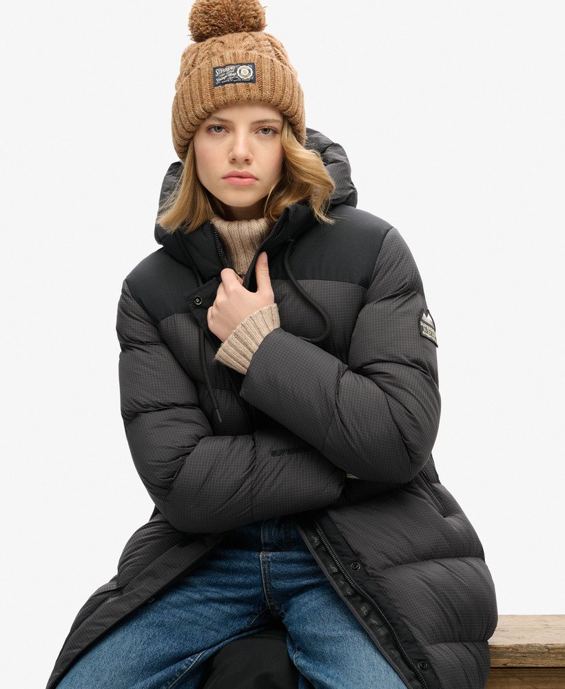 casaco puffer longo ripstop em xadrez preto