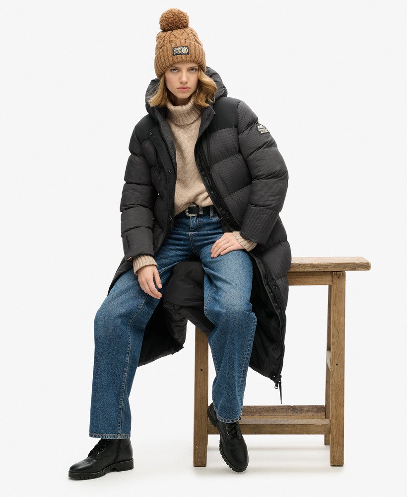 casaco puffer longo ripstop em xadrez preto