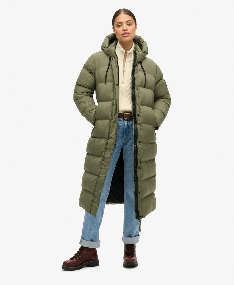 casaco puffer longo em ripstop xadrez verde-oliva acinzentado