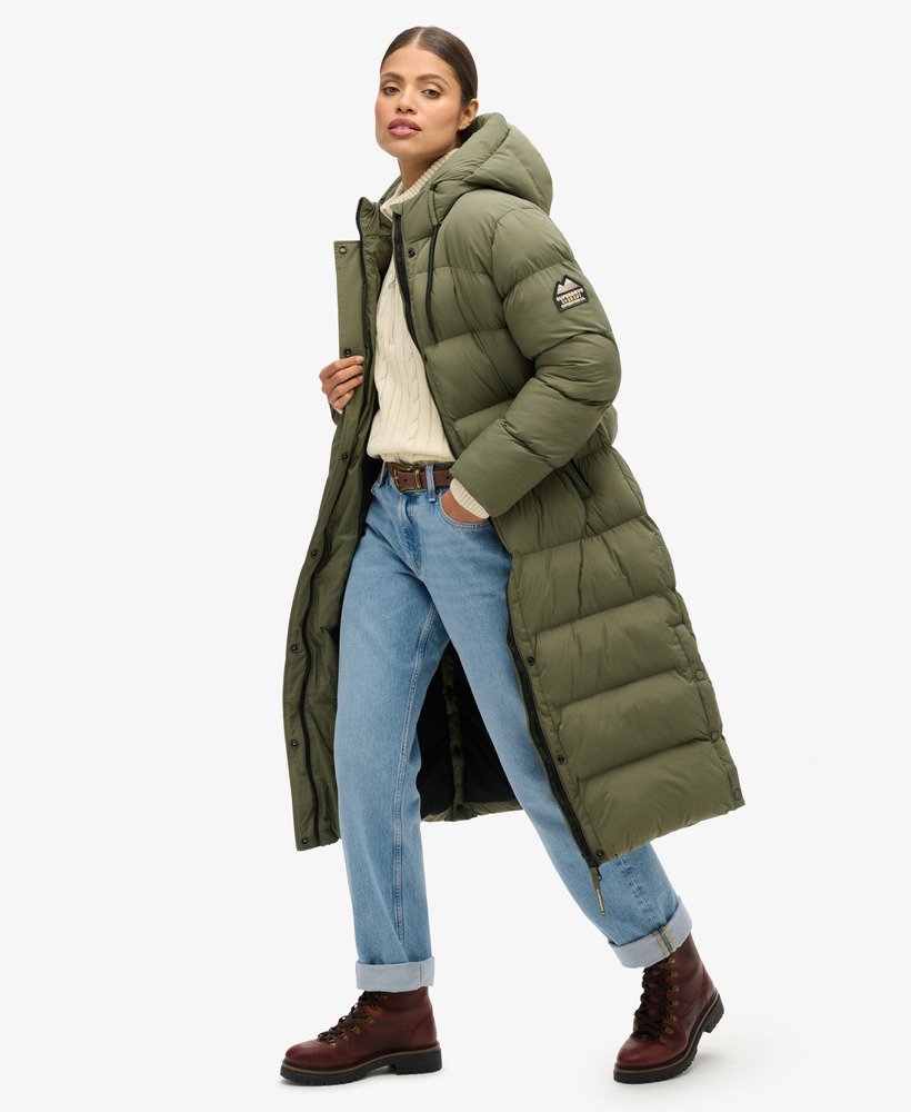 casaco puffer longo em ripstop xadrez verde-oliva acinzentado