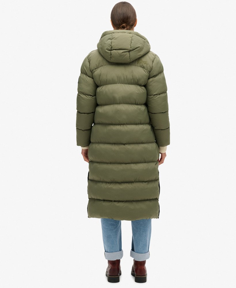 casaco puffer longo em ripstop xadrez verde-oliva acinzentado