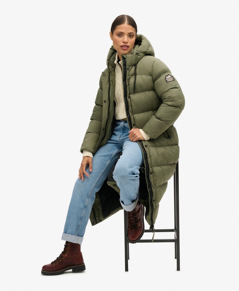 casaco puffer longo em ripstop xadrez verde-oliva acinzentado