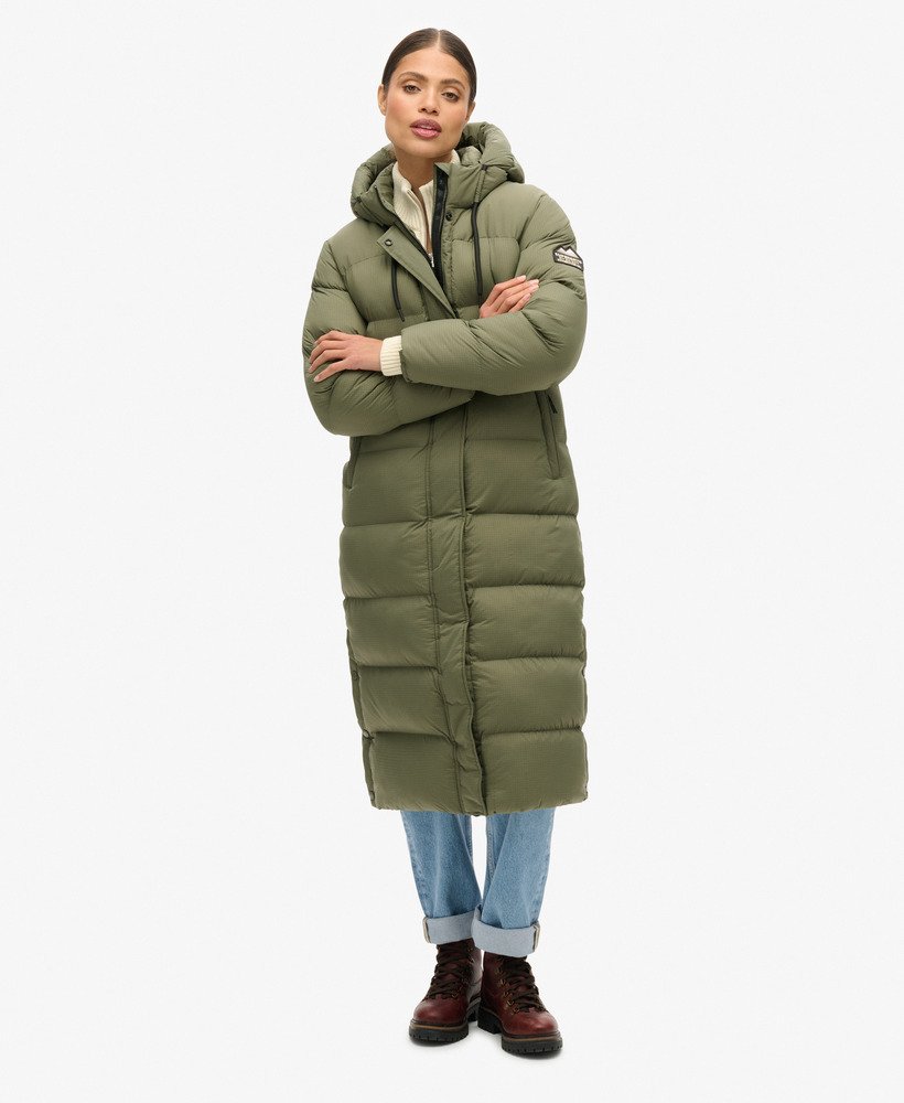 casaco puffer longo em ripstop xadrez verde-oliva acinzentado