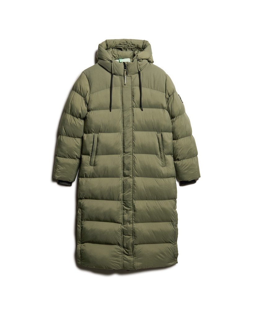 casaco puffer longo em ripstop xadrez verde-oliva acinzentado
