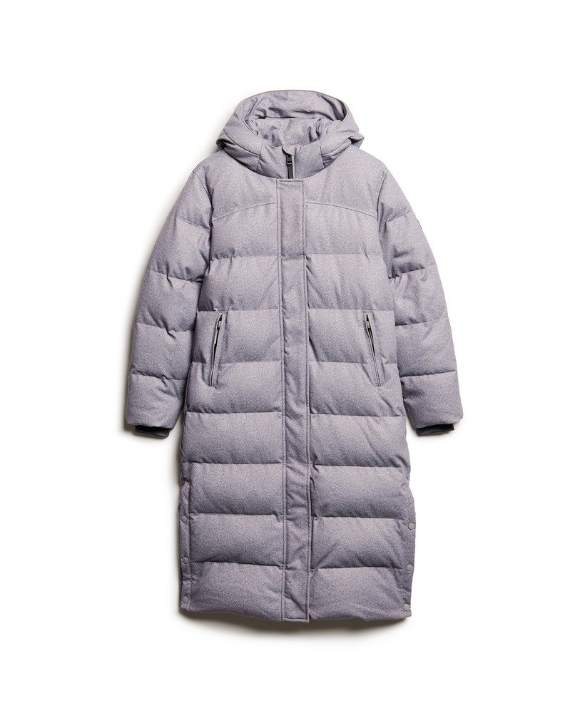 casaco puffer comprido em tweed na cor cinza mesclado.