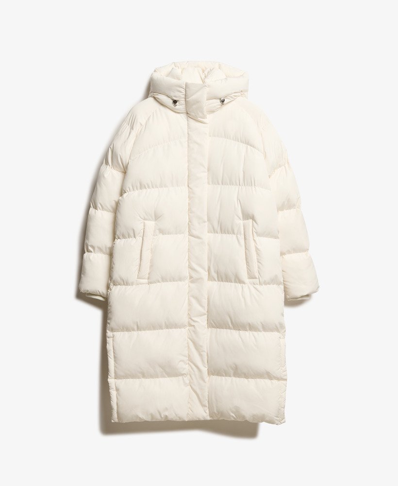 casaco puffer longo com capuz na cor branco estrela