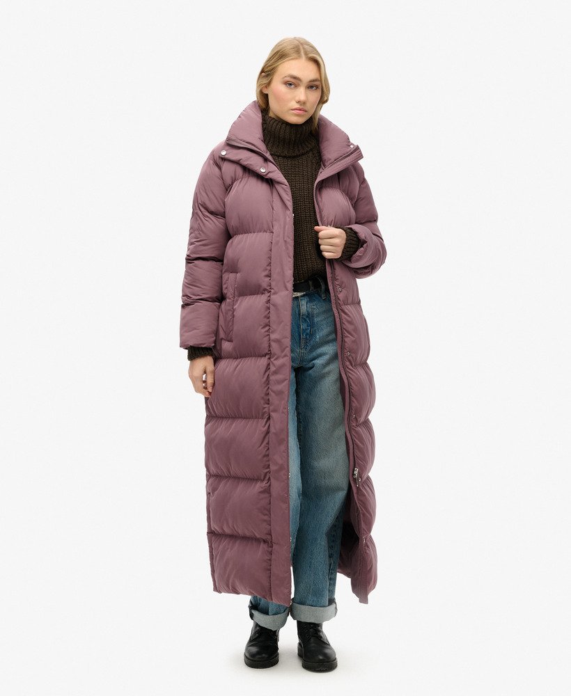 casaco maxi longo acolchoado na cor roxo flint
