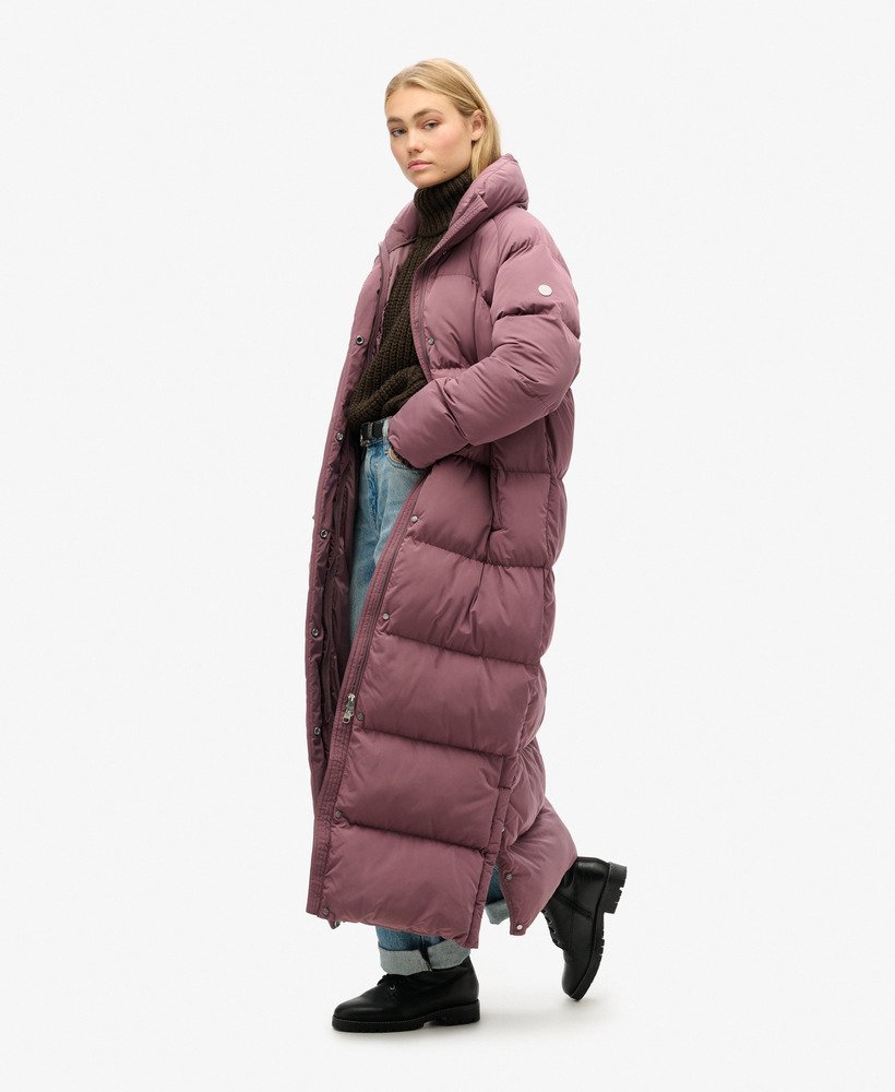 casaco maxi longo acolchoado na cor roxo flint
