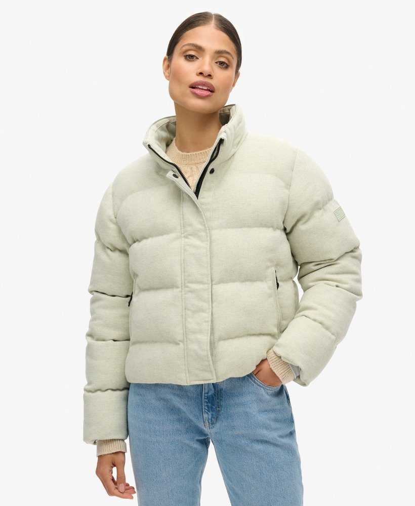 jaqueta puffer boxy de tweed na cor cinza mescla puritan grey.