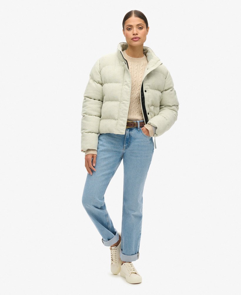 jaqueta puffer boxy de tweed na cor cinza mescla puritan grey.