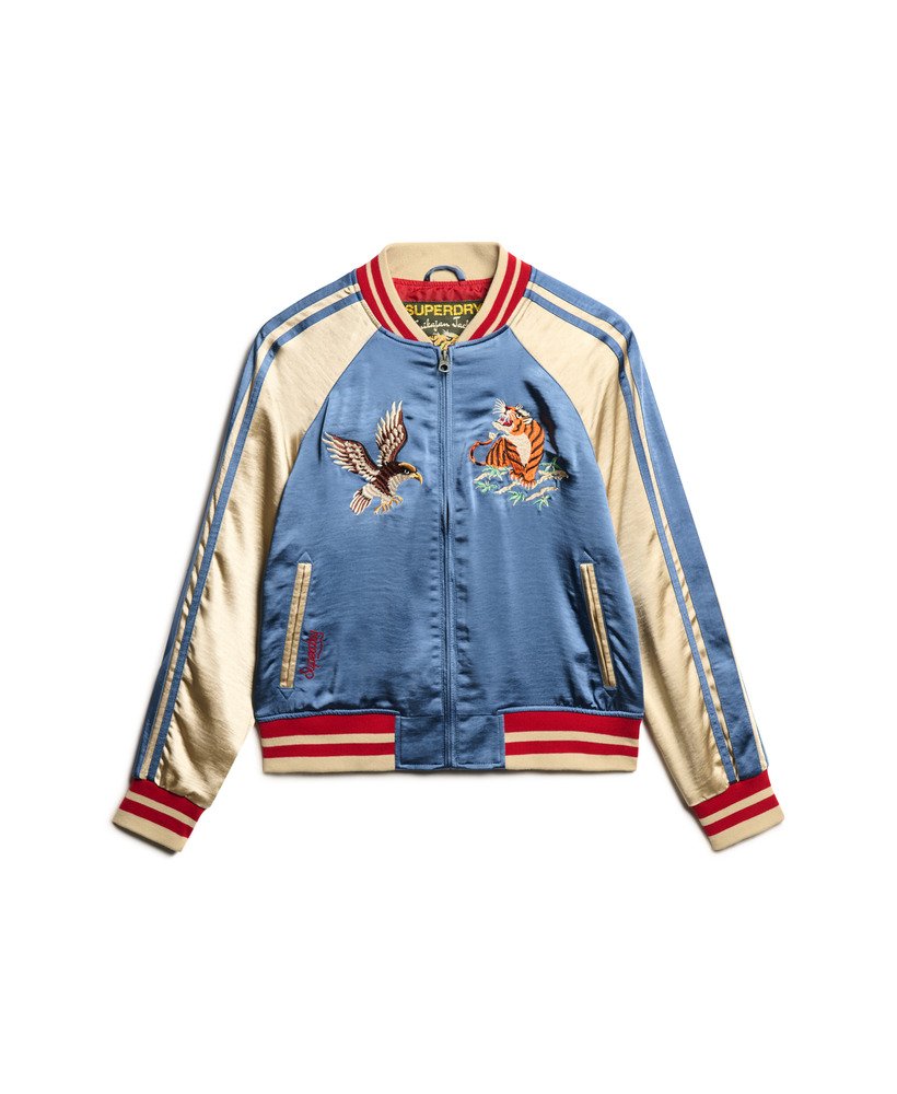 jaqueta bomber bordada sukajan na cor azul wedgewood