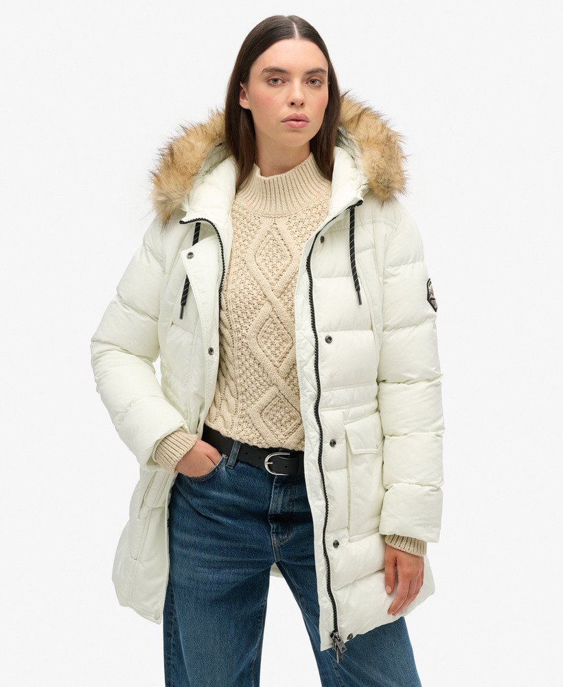 casaco puffer everest mid de pele sintética na cor off white