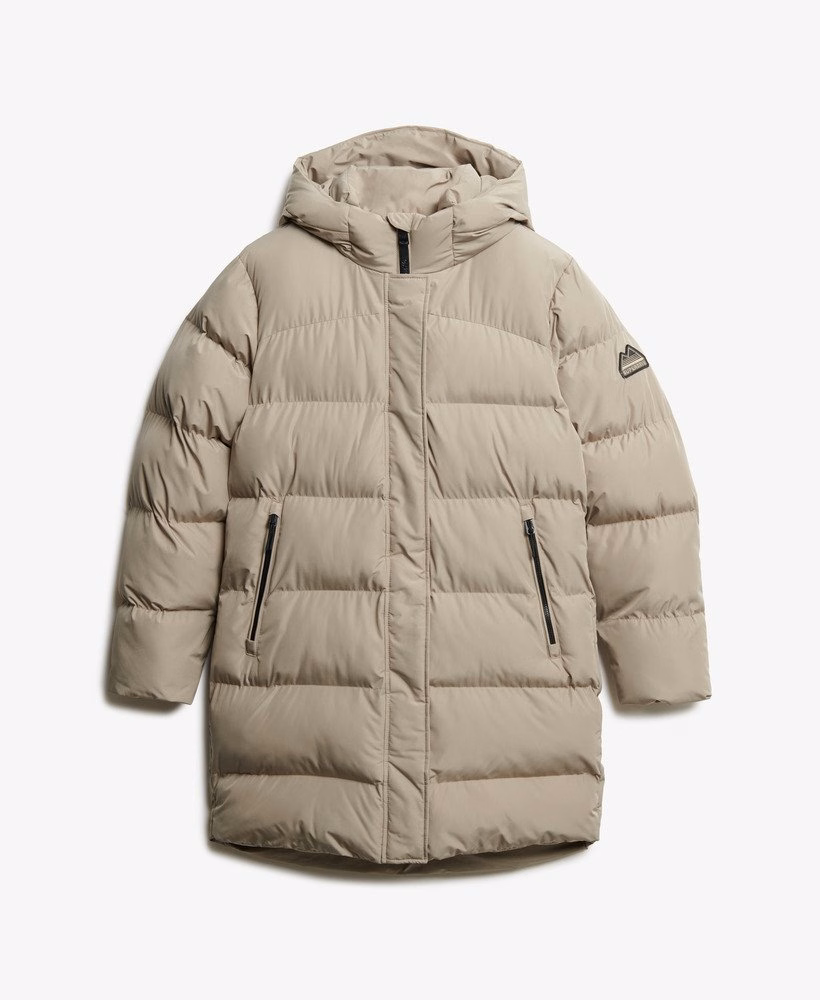 Jaqueta esportiva puffer com capuz de comprimento médio