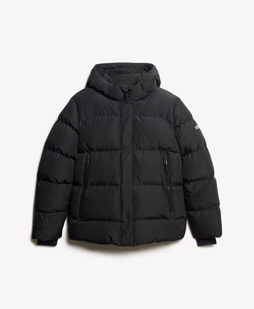 Jaqueta esportiva puffer com capuz e comprimento médio