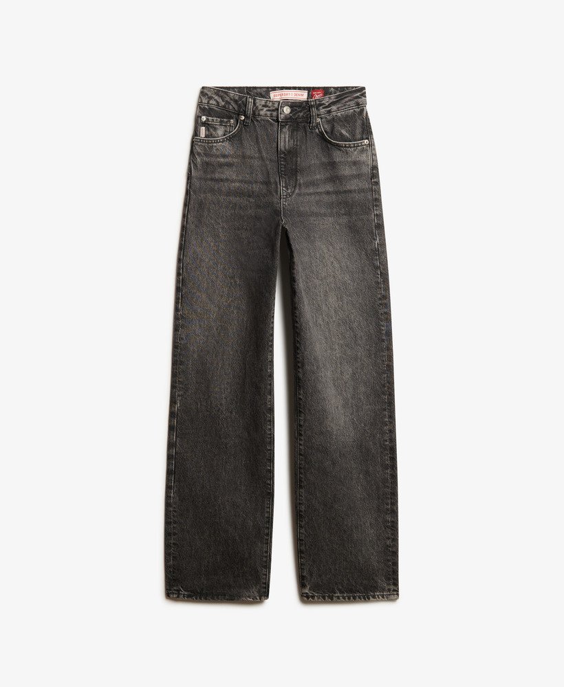 calça jeans de algodão orgânico de perna larga na cor wolcott black stone
