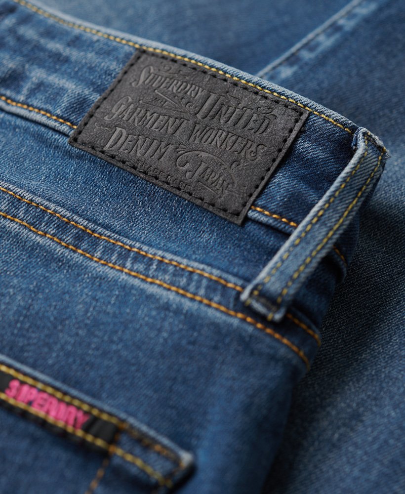 calça jeans skinny de cintura alta em algodão orgânico na cor azul vintage fulton.