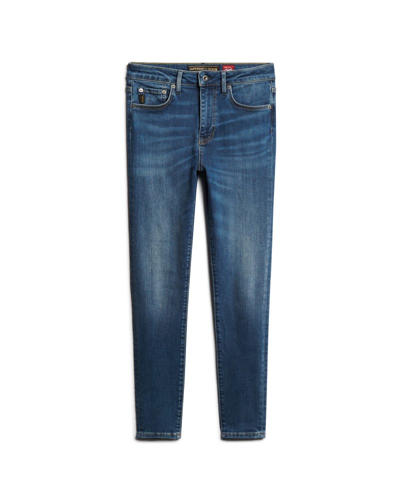 calça jeans skinny de cintura alta em algodão orgânico na cor azul vintage fulton.