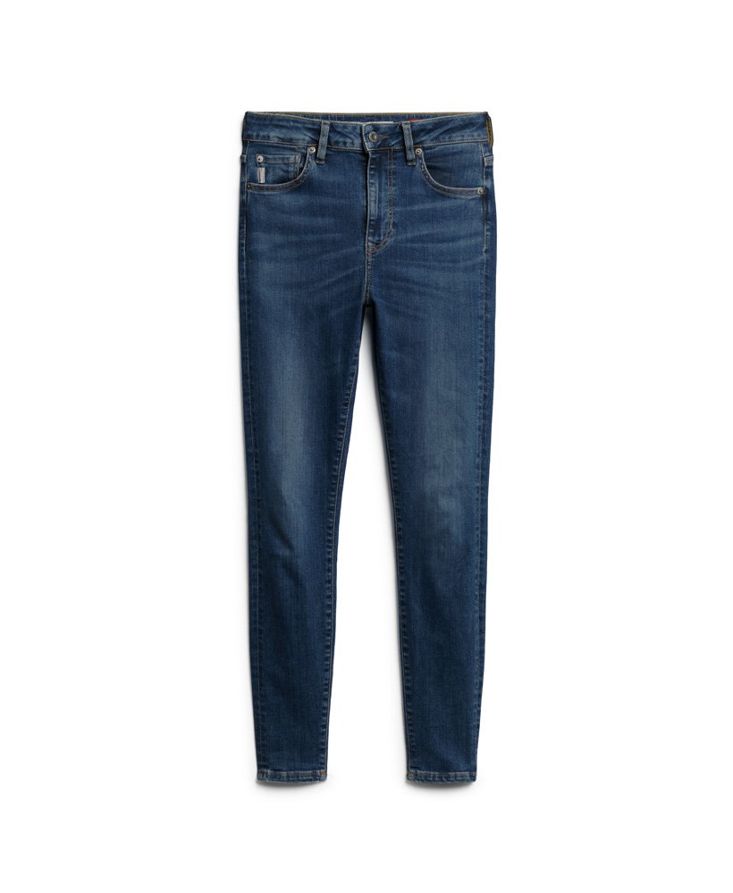 calça jeans skinny de cintura alta em algodão orgânico na cor azul médio salem.