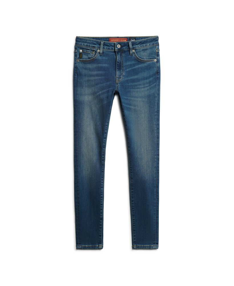 calça jeans skinny vintage de algodão orgânico com cintura média na cor azul vintage fulton.