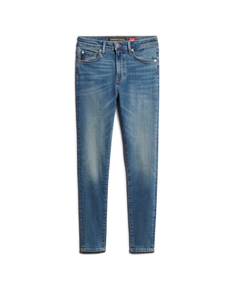 calça jeans skinny vintage de algodão orgânico com cintura média na cor azul salem mid blue.