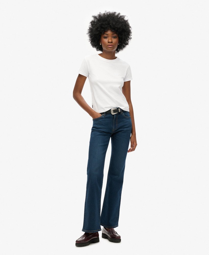 calça jeans vintage de cintura média corte flare slim modelo van dyke mid usada.