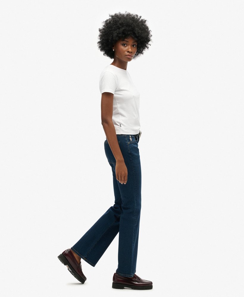 calça jeans vintage de cintura média corte flare slim modelo van dyke mid usada.
