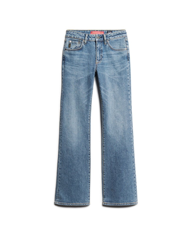 calça jeans vintage de cintura média corte flare slim em índigo escuro envelhecido.