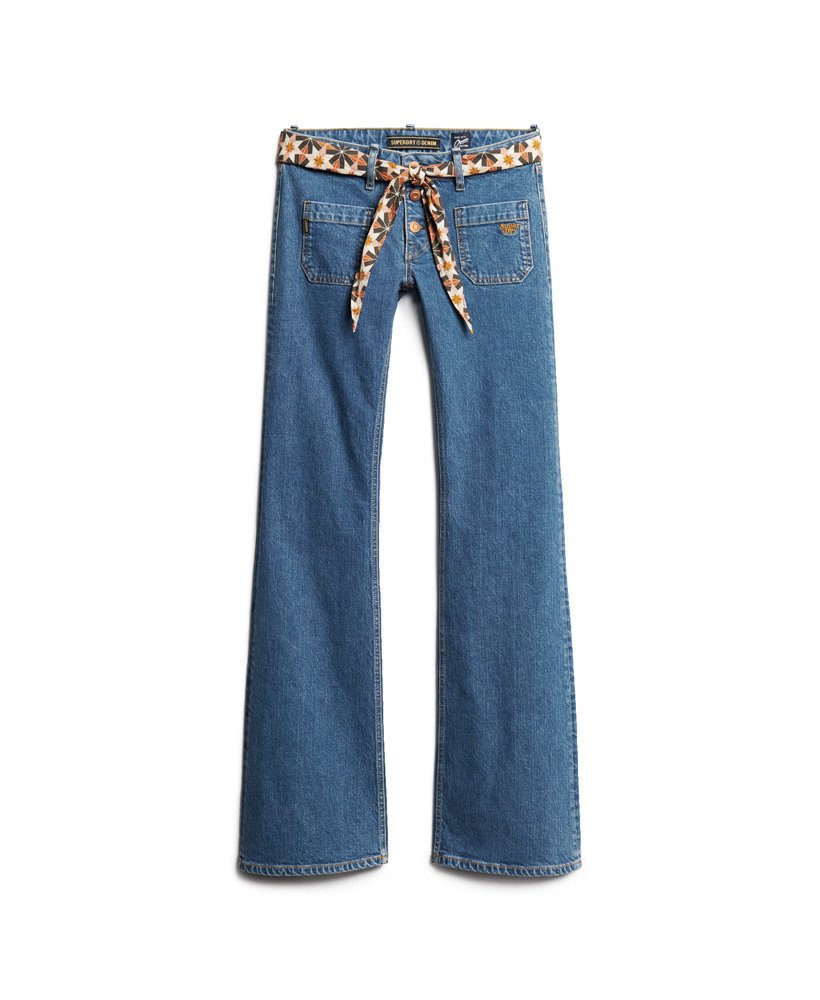 calça jeans vintage de algodão orgânico cintura baixa modelagem flare slim estilo van dyke mid. usada.