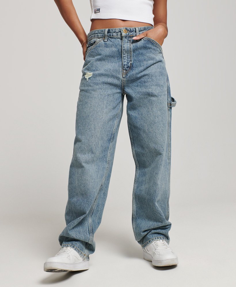 calça jeans vintage de algodão orgânico estilo carpinteiro na cor sycamore mid stone