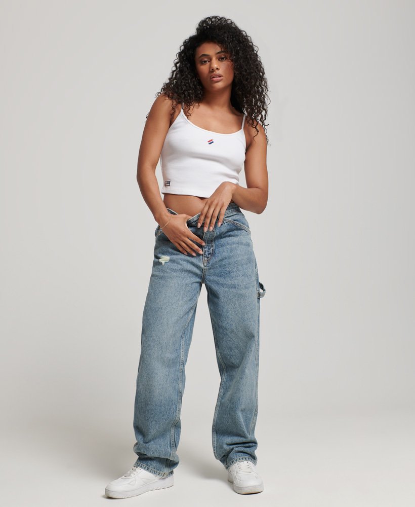 calça jeans vintage de algodão orgânico estilo carpinteiro na cor sycamore mid stone