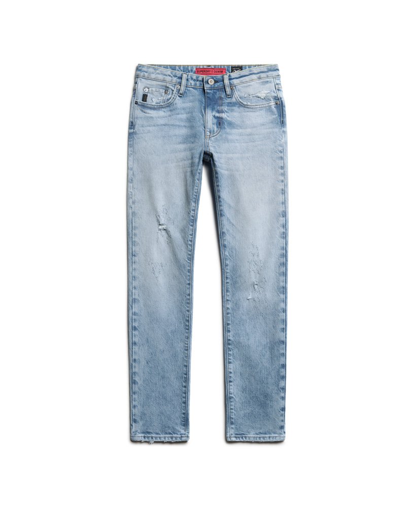 calça jeans slim de cintura média em algodão orgânico na cor azul cânion.