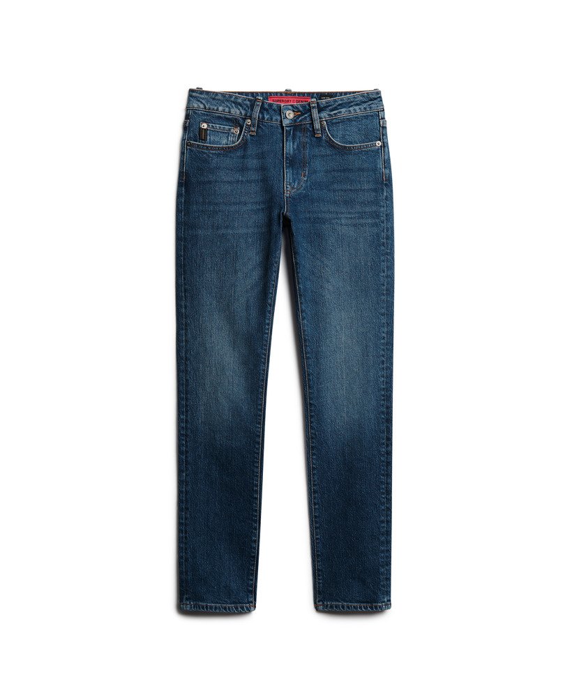 calça jeans slim de cintura média em algodão orgânico na cor azul valley.