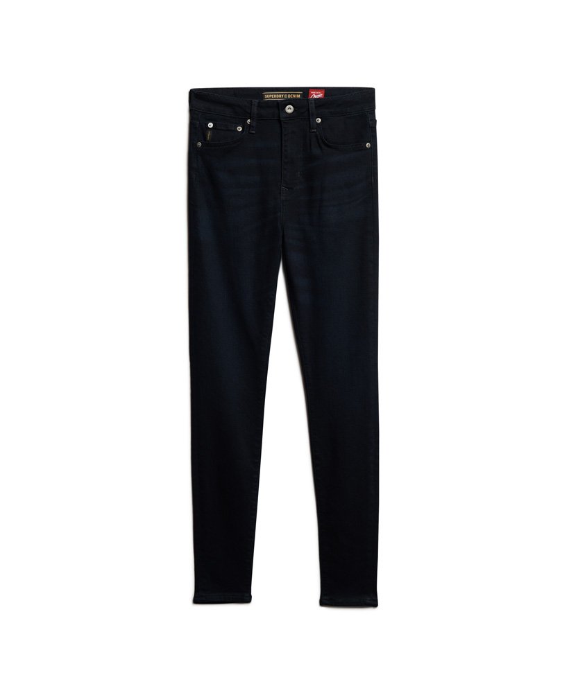 calça jeans skinny de cintura alta em algodão orgânico nas cores azul víbora e preto.